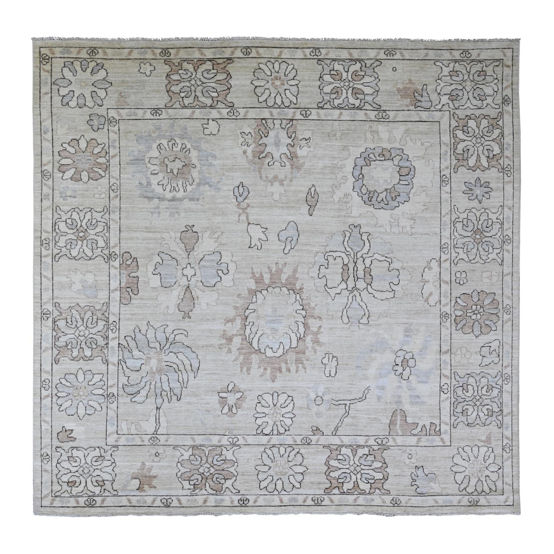 Pastel Gray, Hand Knotted, 100% Wool, Afghan Angora Oushak with All Over Leaf Design, Vegetable Dyes, Square, Oriental Rug